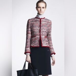Carolina Herrera Red Tweed Collarless Jacket 
Size 2 EUC!